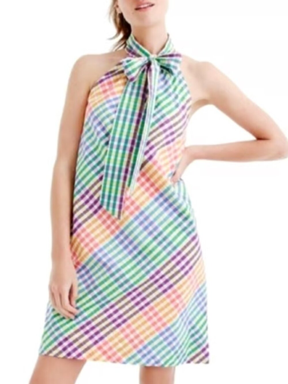 J. Crew Rainbow Gingham Halter Tie Mini Shift Dress
